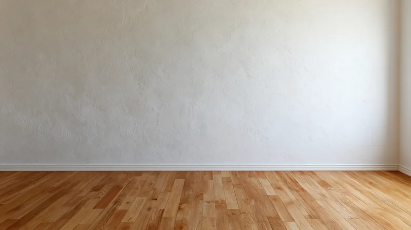 Empty interior room with textured plaster wall and hardwood floor