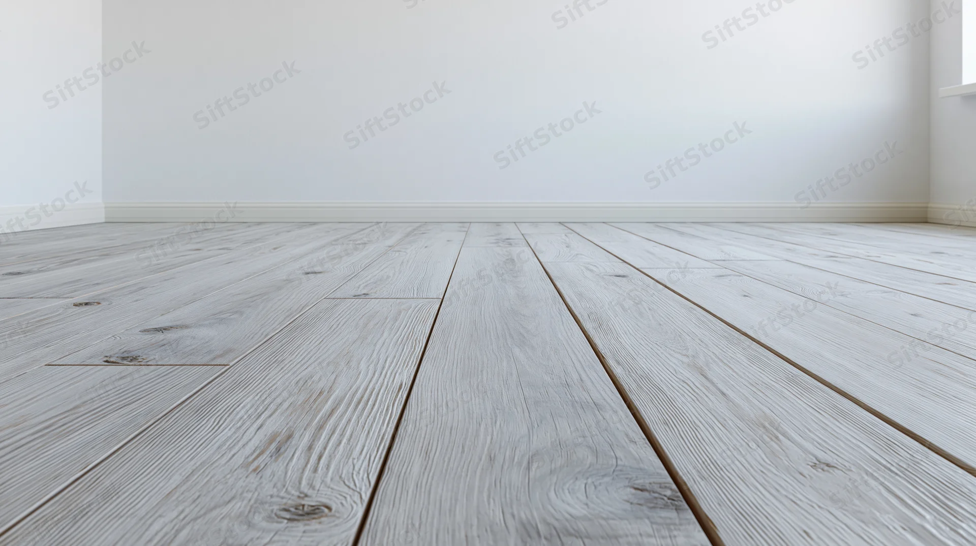 Whitewashed wooden plank floor in an empty interior room