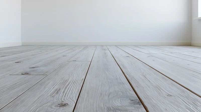 Whitewashed wooden plank floor in an empty interior room