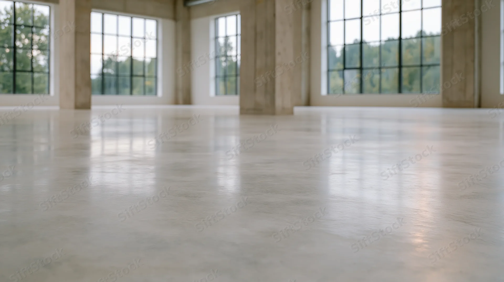 Empty interior space with polished concrete floor and large windows