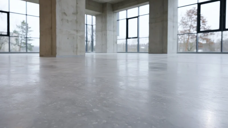 Polished concrete floor in empty modern interior space with large windows and columns