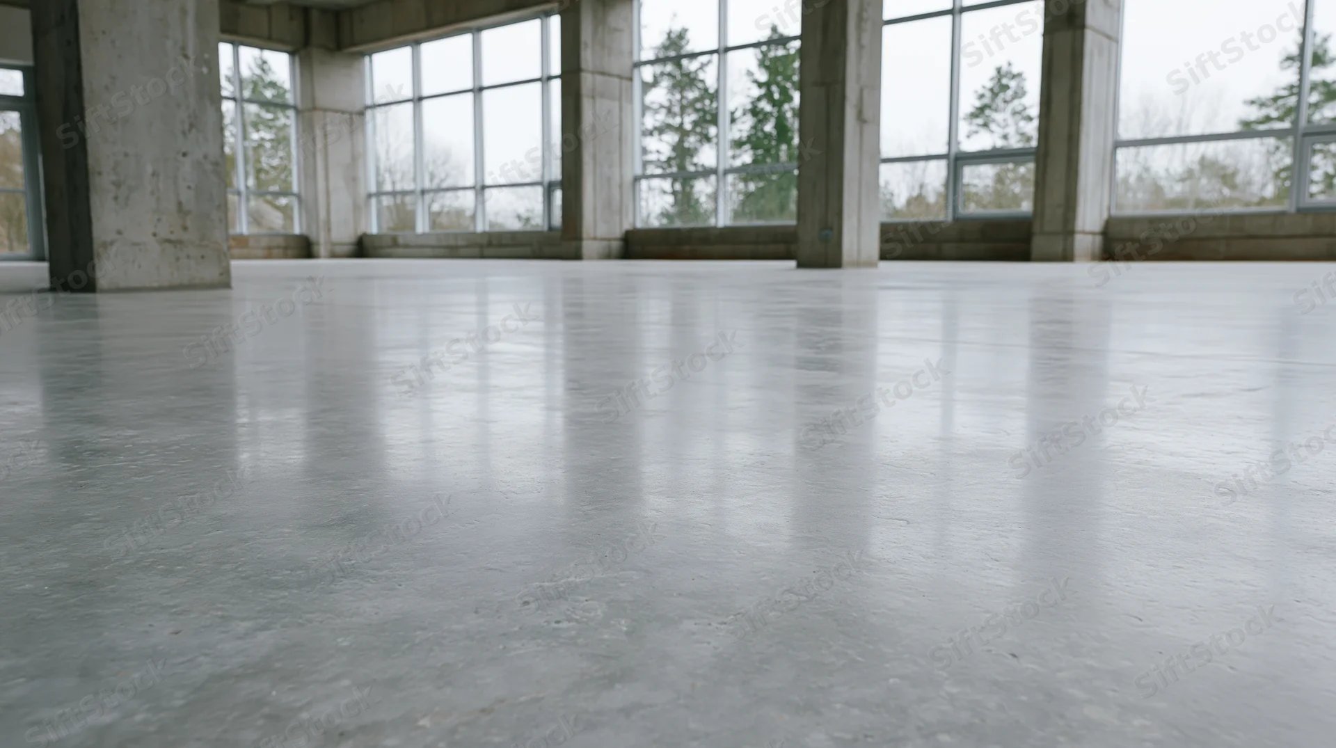 Polished concrete floor in empty industrial interior with large windows and columns