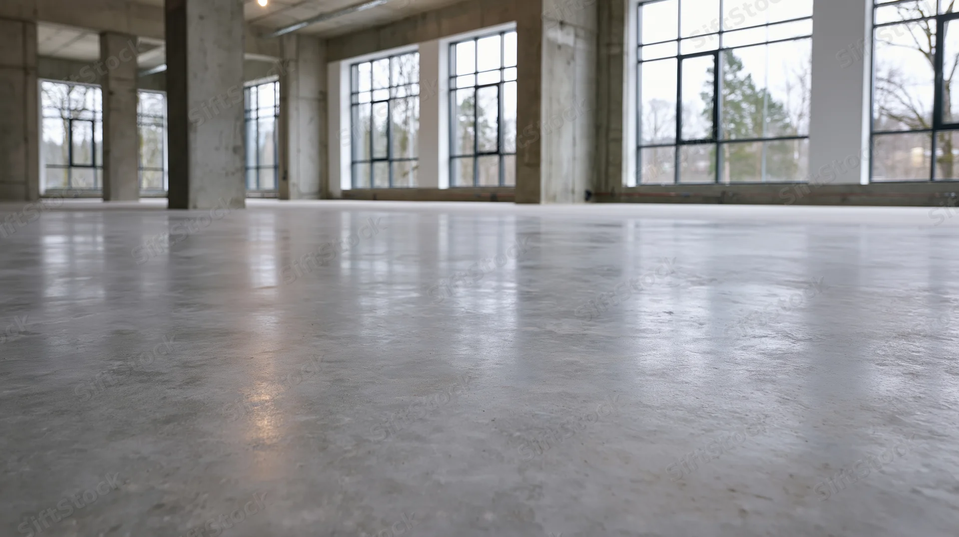 Polished concrete floor in empty industrial interior space with large windows and columns