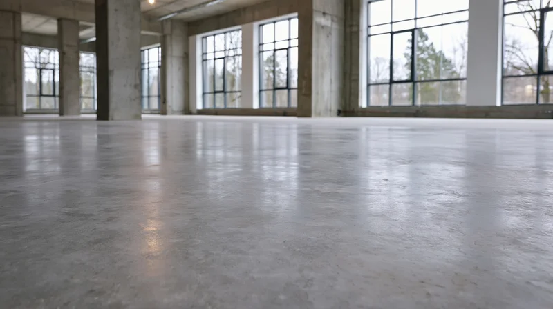 Polished concrete floor in empty industrial interior space with large windows and columns