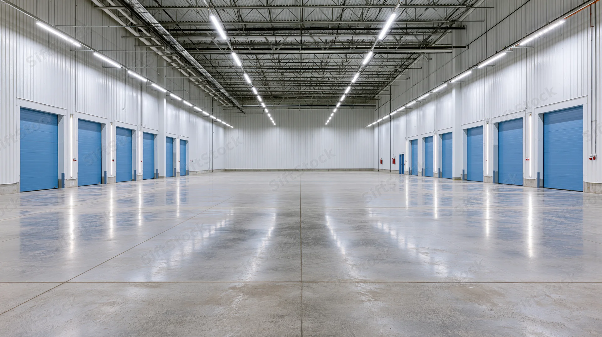 Empty large industrial warehouse interior with polished concrete floor and blue doors