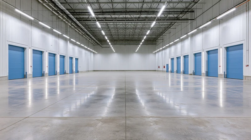 Empty large industrial warehouse interior with polished concrete floor and blue doors