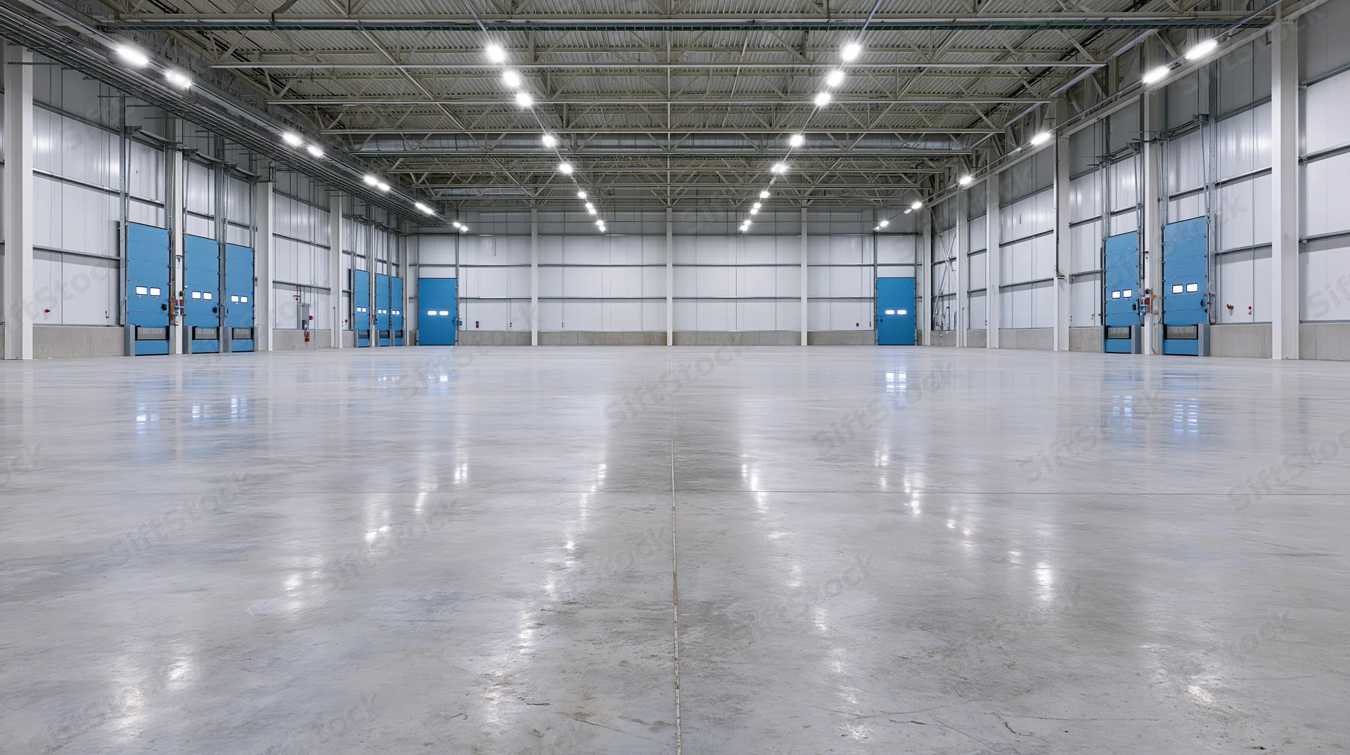 Empty large industrial warehouse interior with polished concrete floor and metal ceiling structure