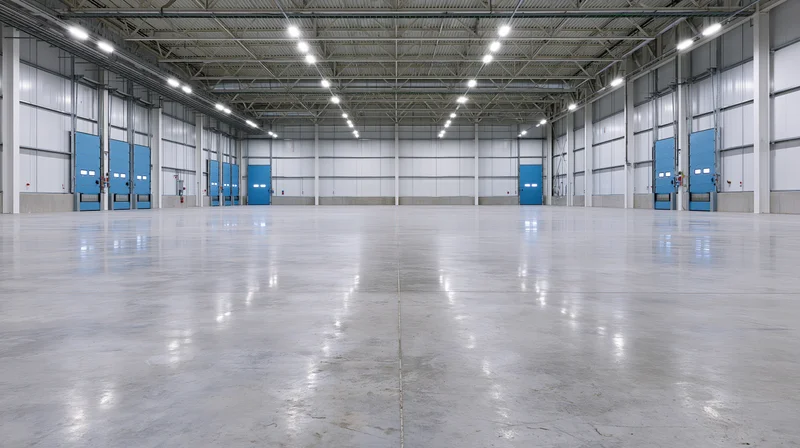 Empty large industrial warehouse interior with polished concrete floor and metal ceiling structure