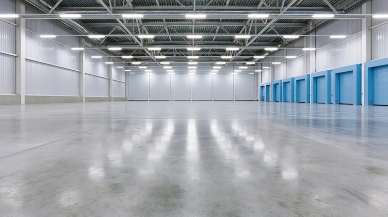 Empty industrial warehouse interior with polished concrete floor and blue storage doors