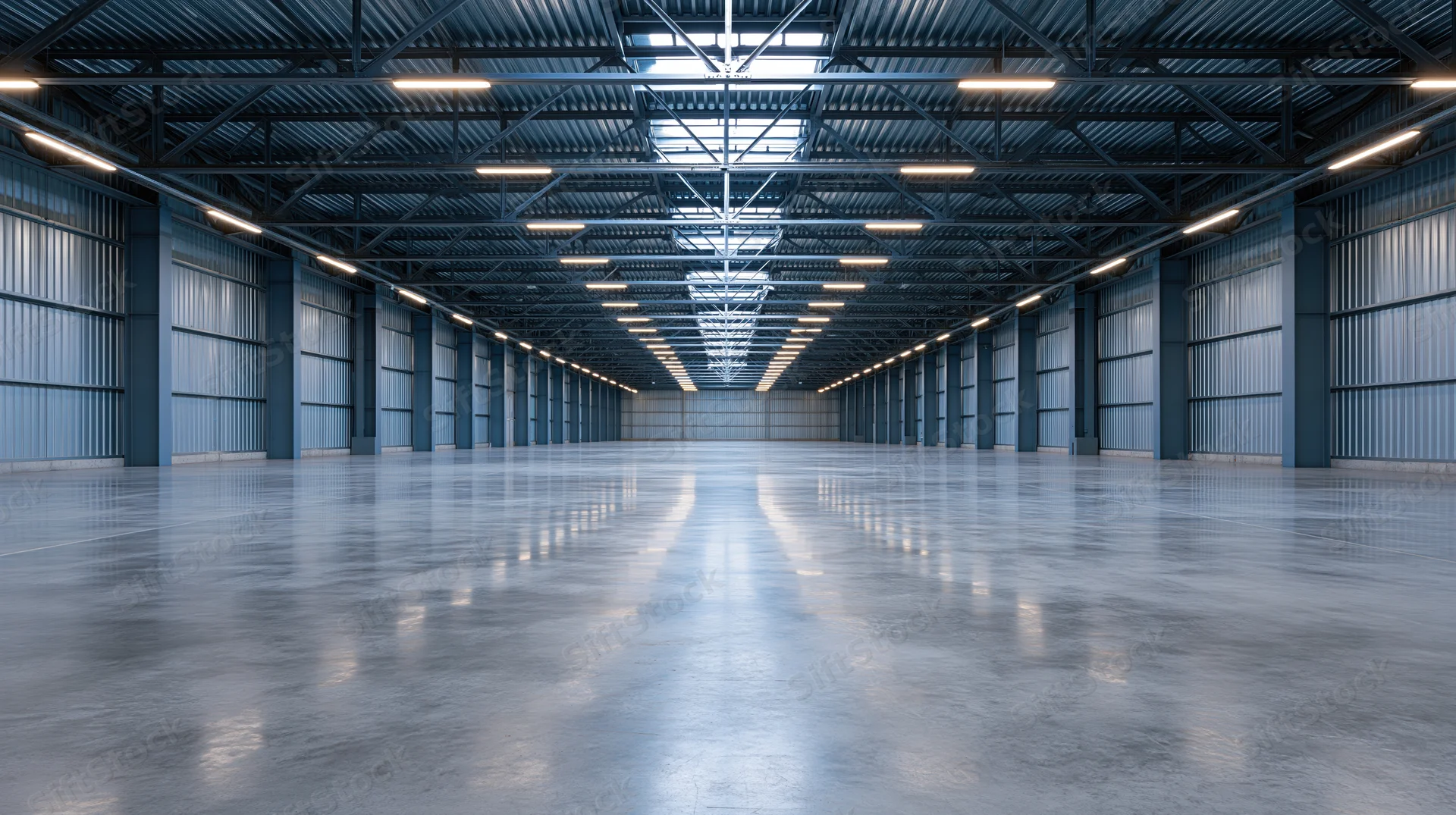 Empty industrial warehouse interior with polished concrete floor and metal ceiling structure