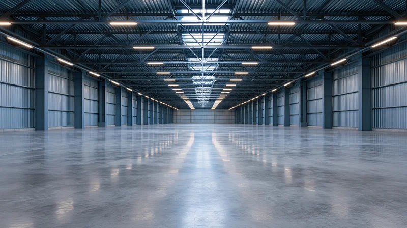 Empty industrial warehouse interior with polished concrete floor and metal ceiling structure