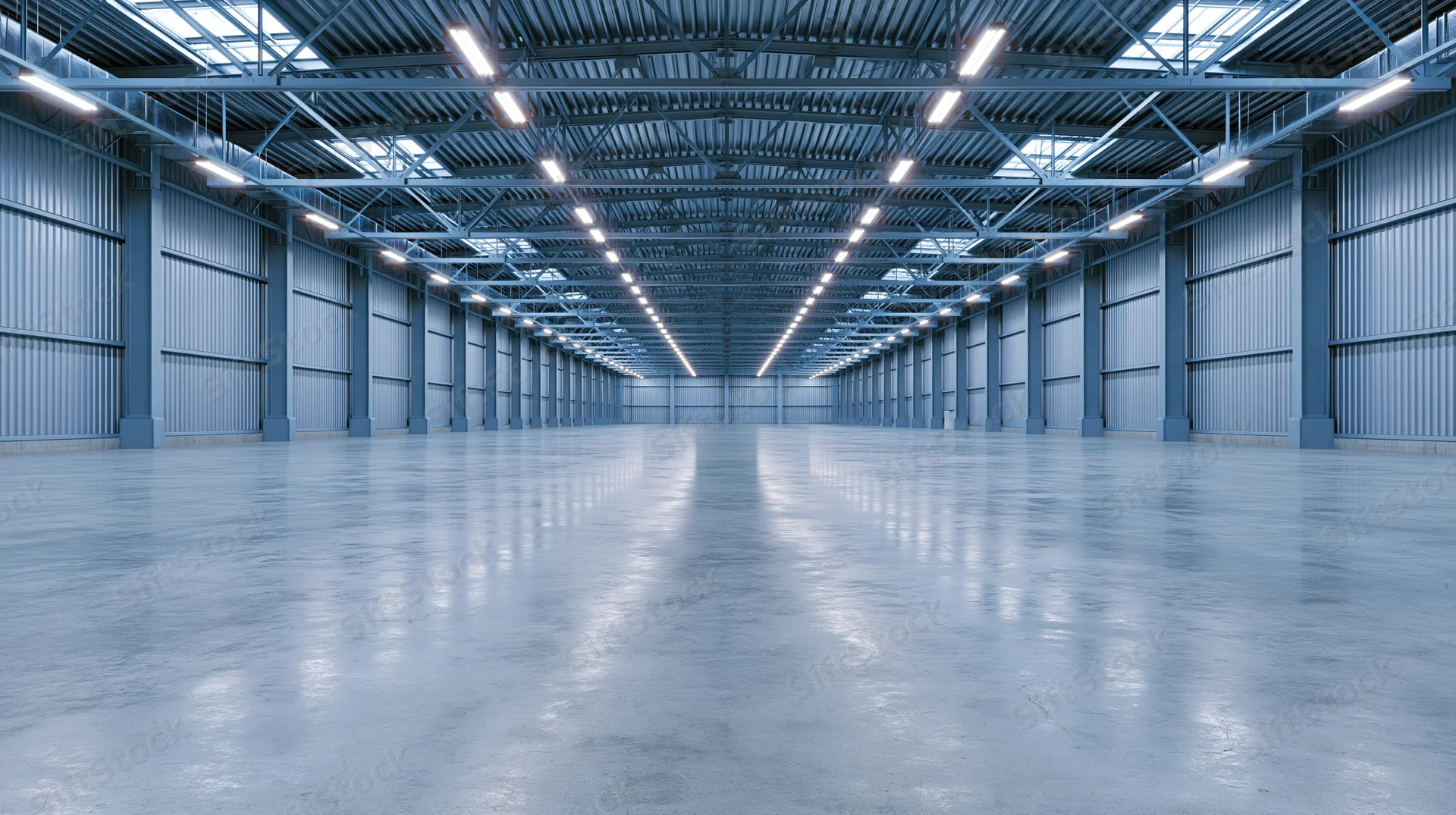 Empty industrial warehouse interior with polished concrete floor and metal framework under fluorescent lighting