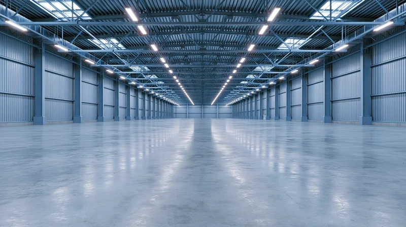 Empty industrial warehouse interior with polished concrete floor and metal framework under fluorescent lighting