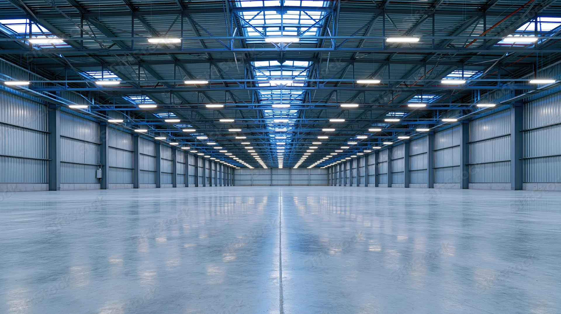 Empty large industrial warehouse interior with polished concrete floor and metal ceiling structure