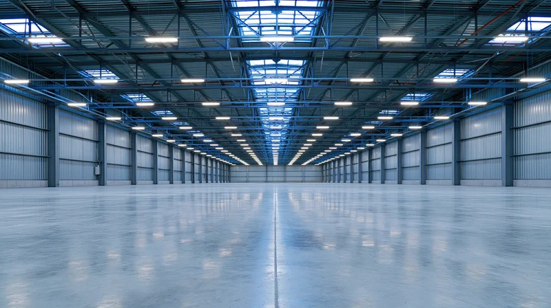 Empty large industrial warehouse interior with polished concrete floor and metal ceiling structure