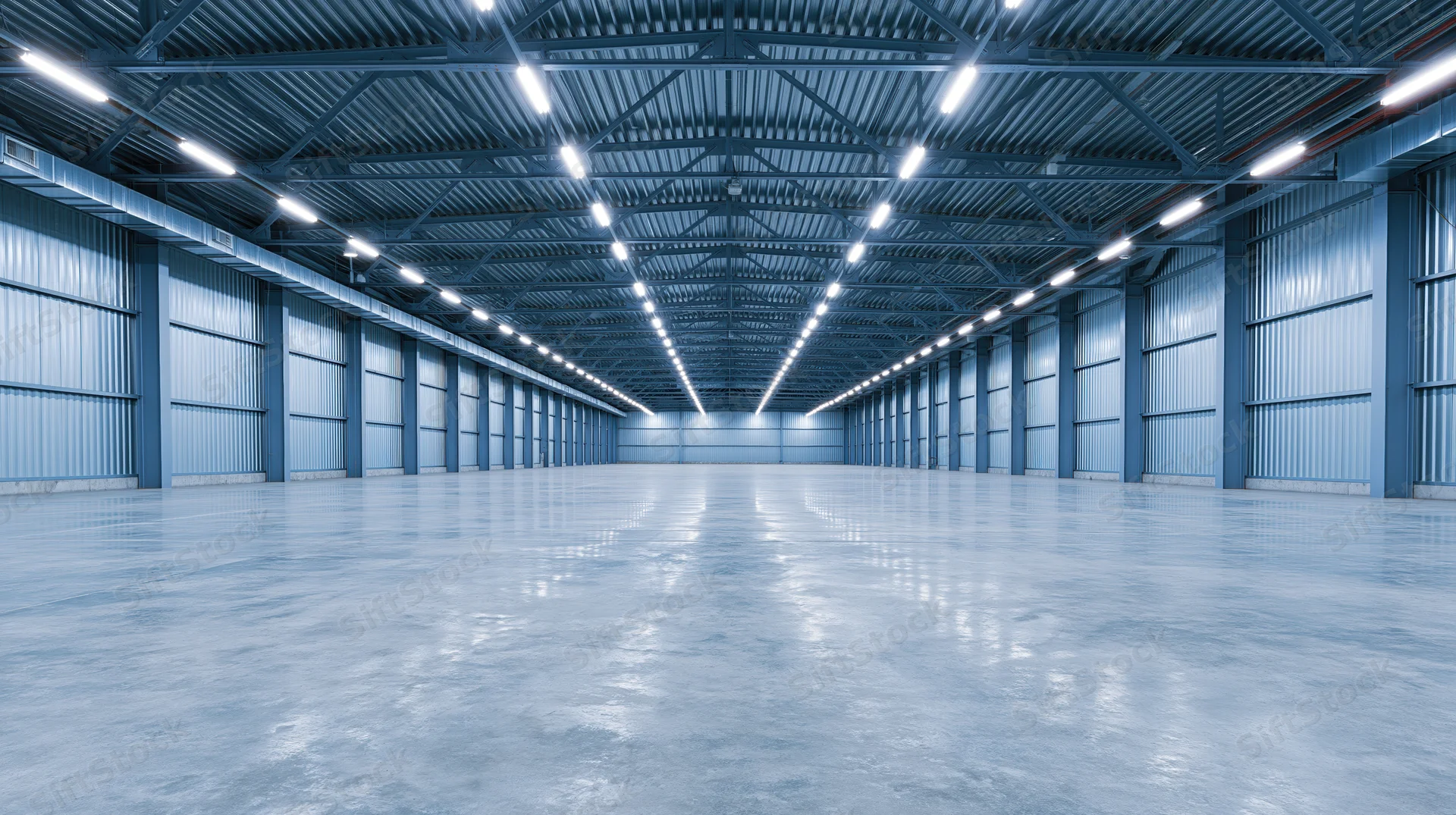 Empty industrial warehouse interior with polished concrete floor and metal ceiling trusses under fluorescent lighting