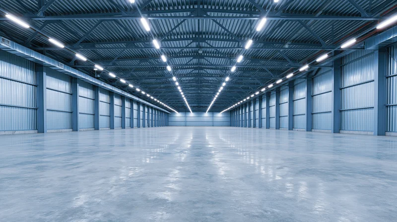 Empty industrial warehouse interior with polished concrete floor and metal ceiling trusses under fluorescent lighting
