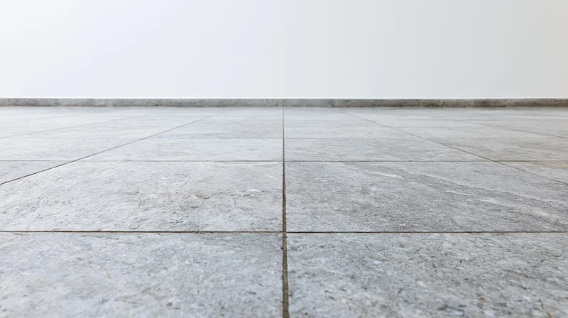 Light grey stone tile floor extending toward a plain white wall in an empty interior space