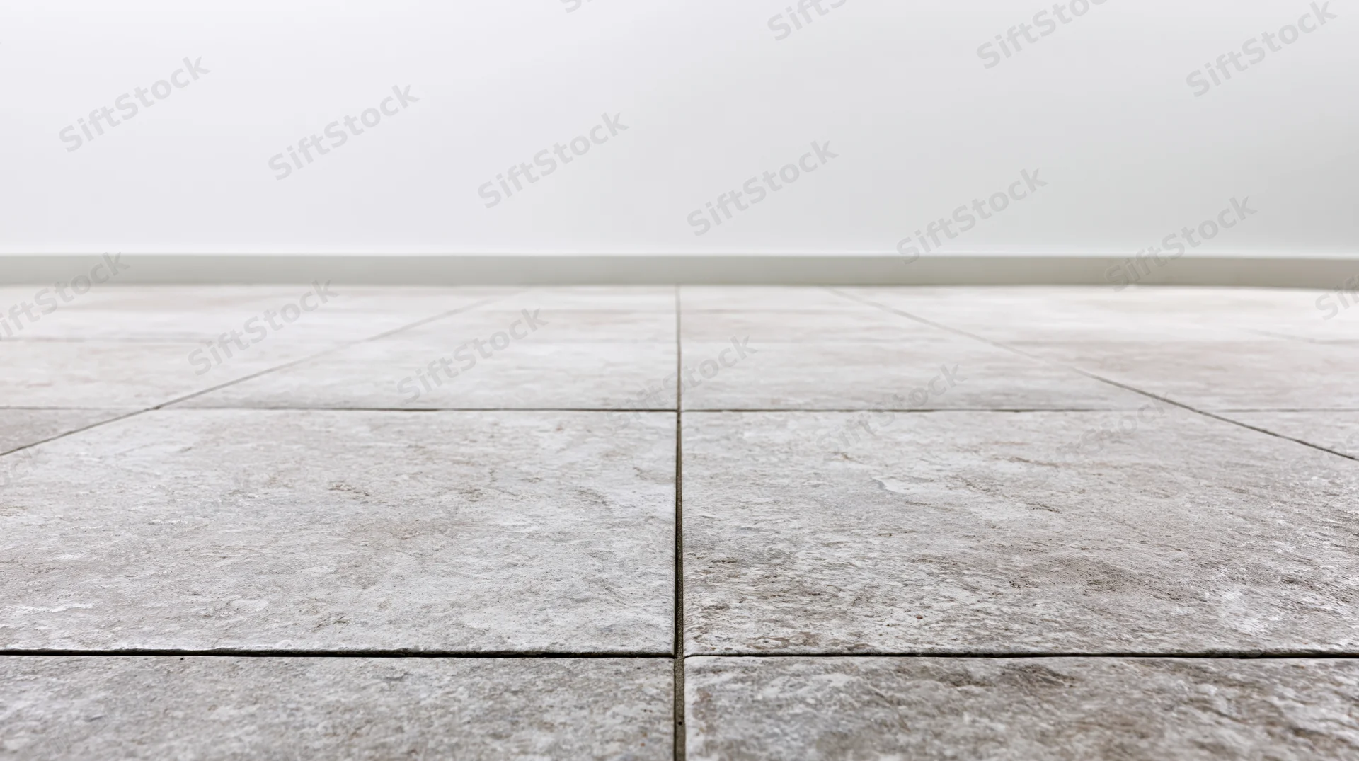 Low-angle view of light grey stone tile floor extending toward a plain white wall in an empty room