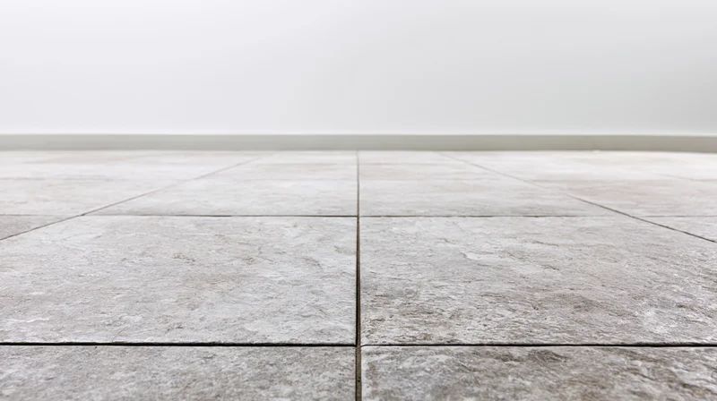 Low-angle view of light grey stone tile floor extending toward a plain white wall in an empty room