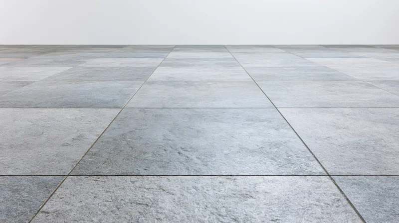 Light grey stone tile floor extending toward a plain white wall in an empty interior space