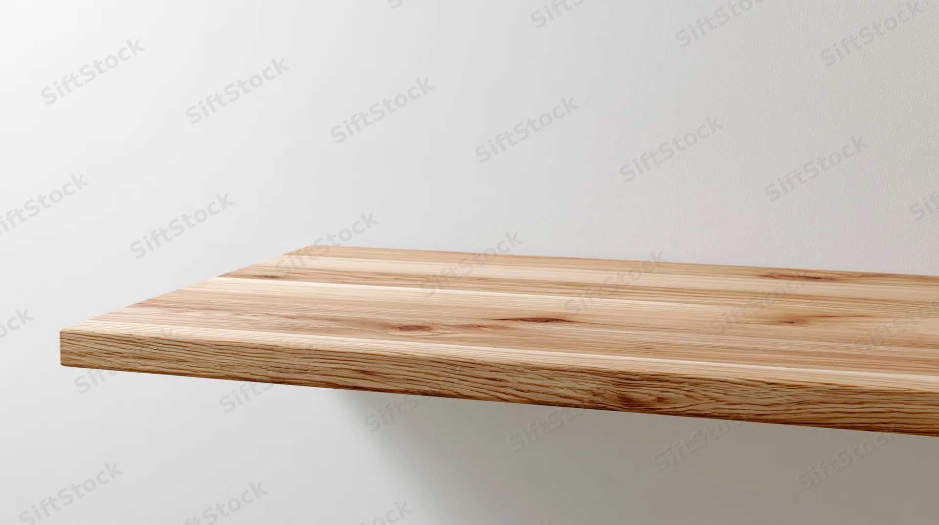Light oak wooden tabletop surface extending horizontally against a white wall with copyspace below
