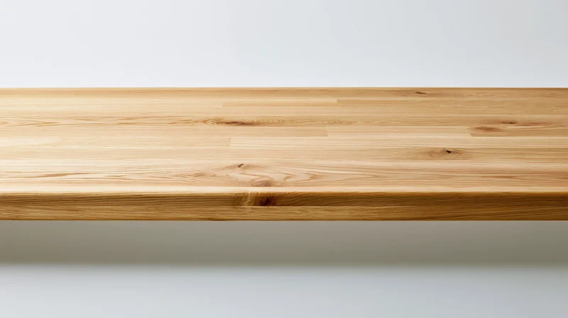 Light oak wooden tabletop surface against white background with copyspace