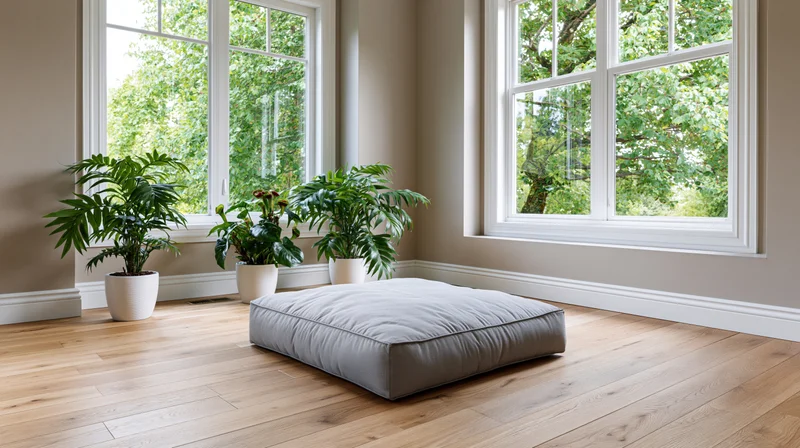 Empty living room with hardwood floor, large windows, potted plants, and gray cushion in corner
