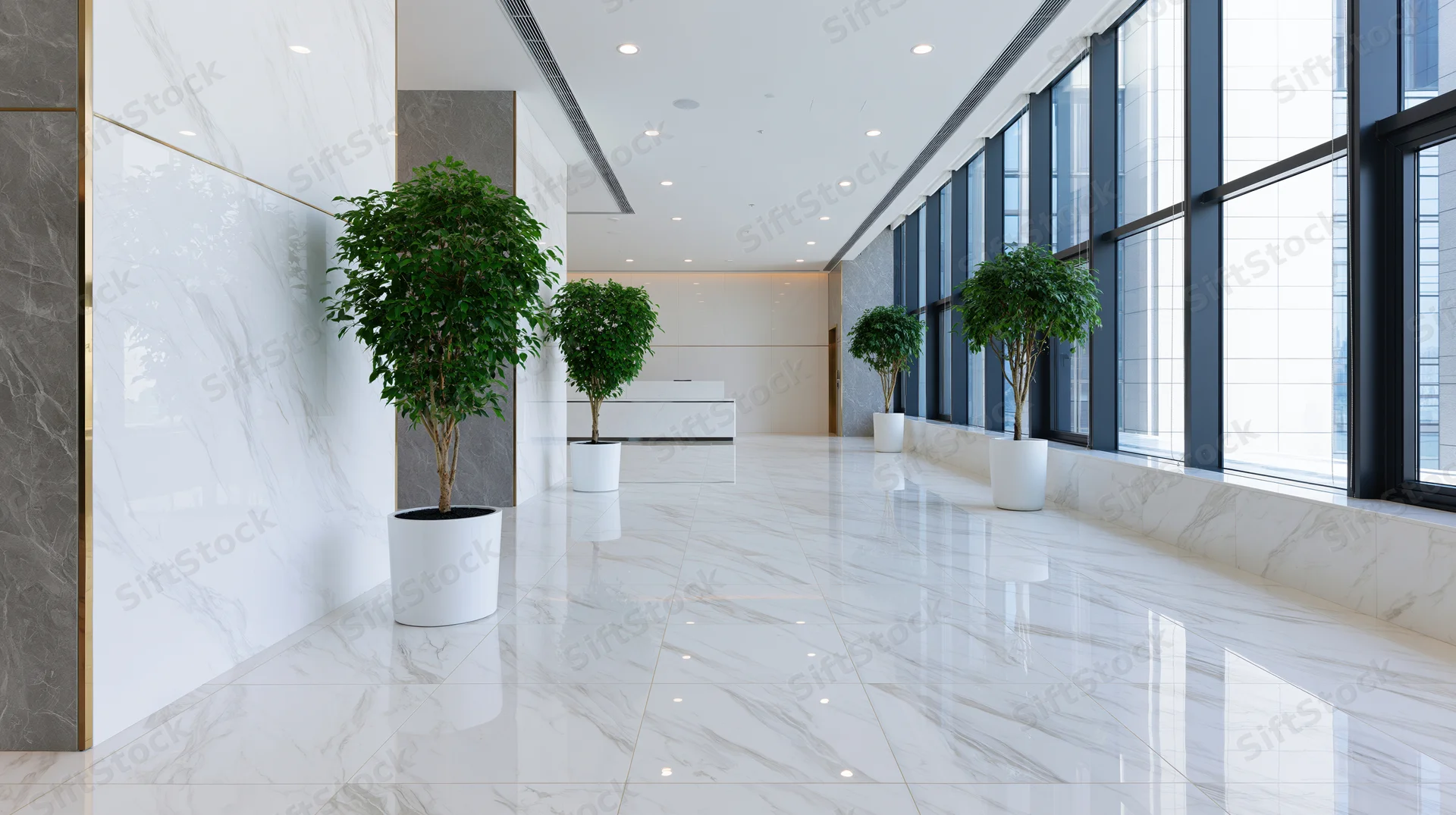 Empty luxury corporate lobby with polished white marble floor and potted plants along the walls