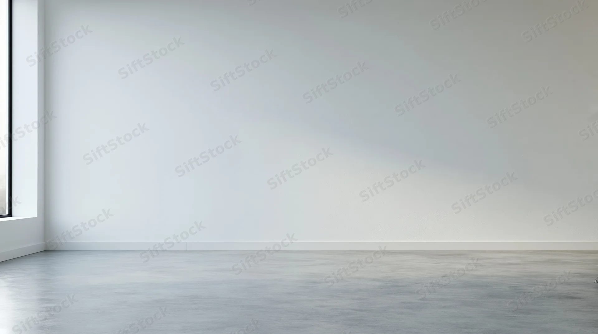 Empty minimalist room with white walls and concrete floor near a window