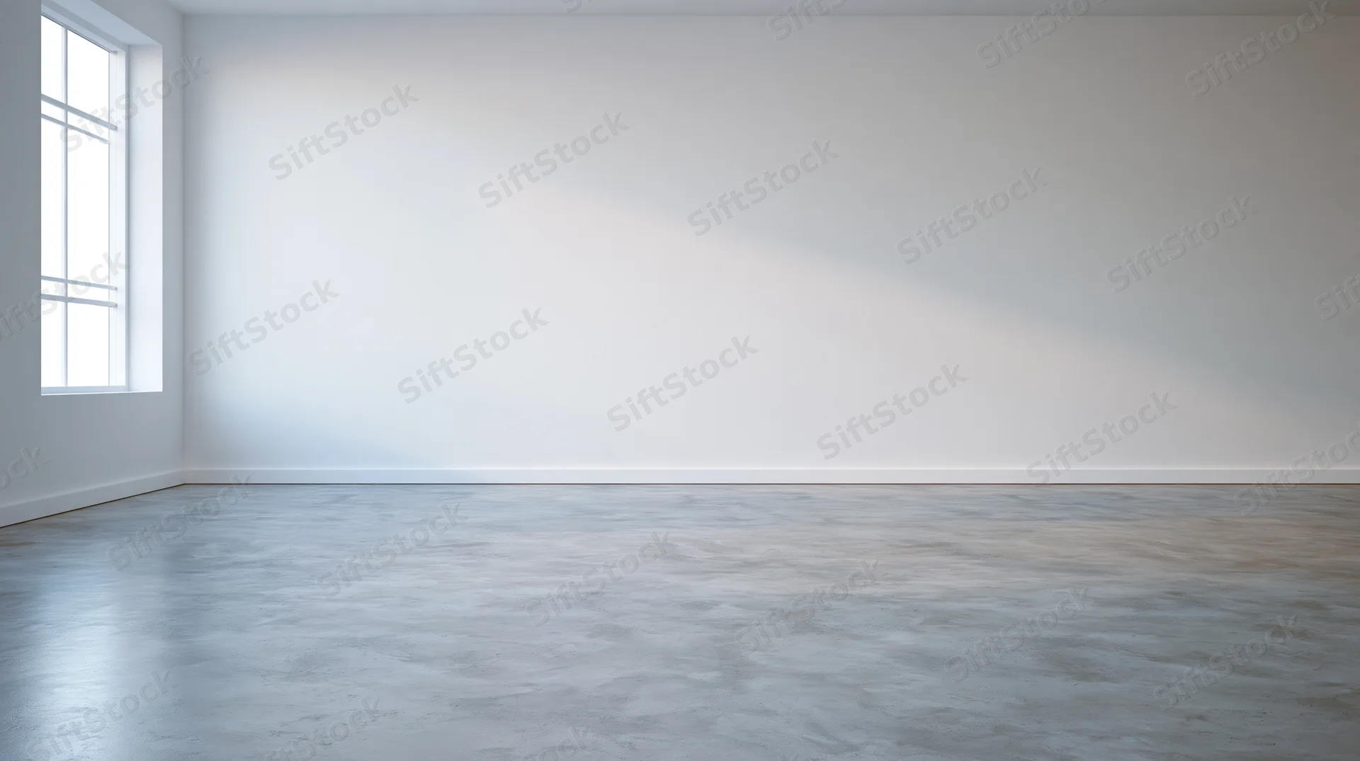 Empty minimalist room with white walls and concrete floor lit by natural light from a window