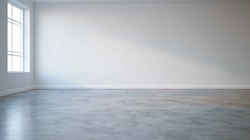 Empty minimalist room with white walls and concrete floor lit by natural light from a window
