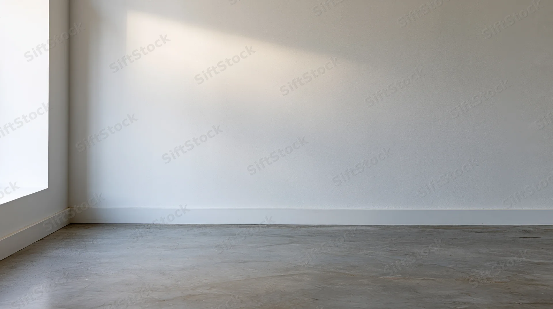 Empty minimalist room with white wall and concrete floor near window