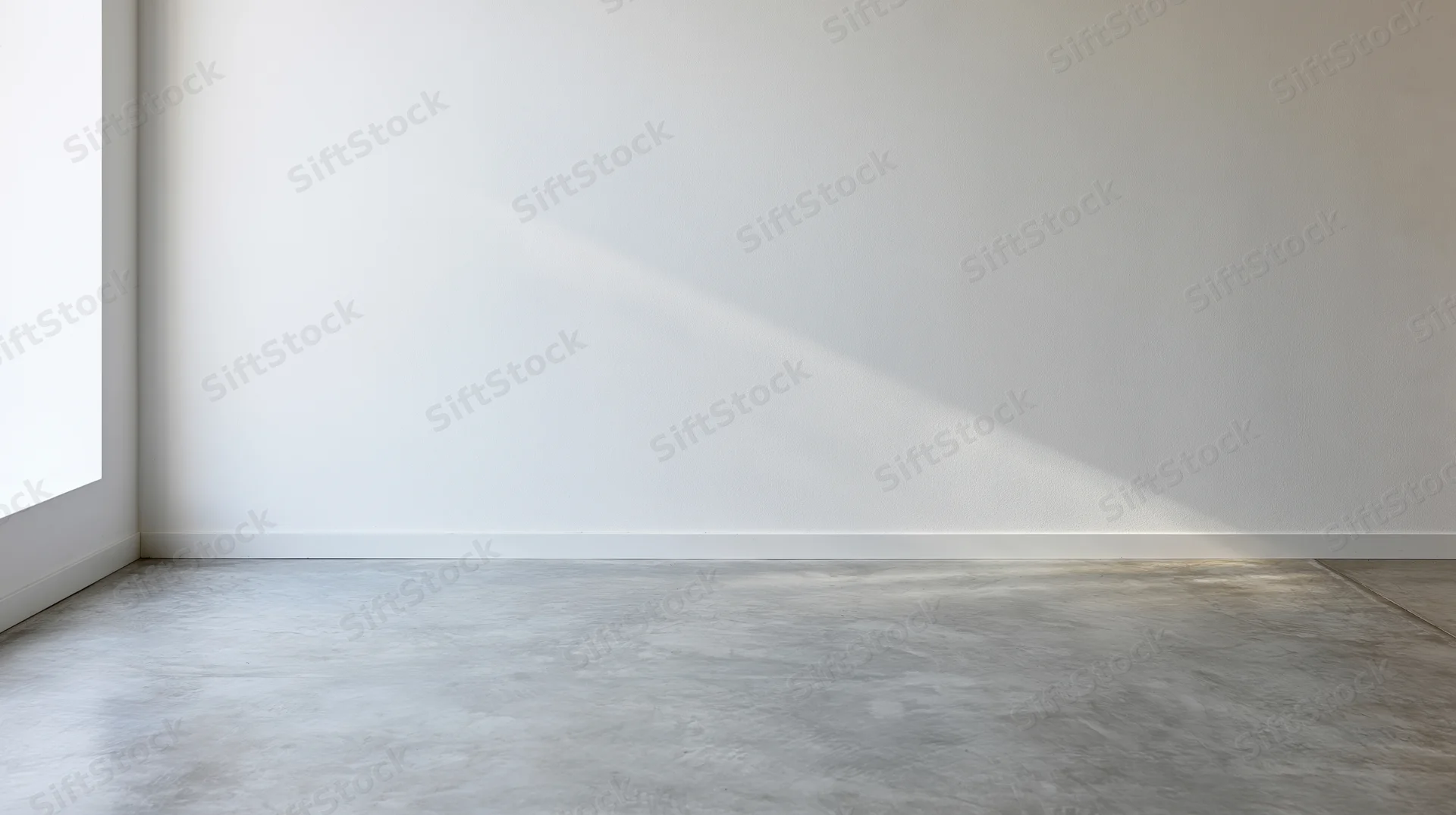 Empty minimalist room with white wall and concrete floor lit by sunlight from a window corner