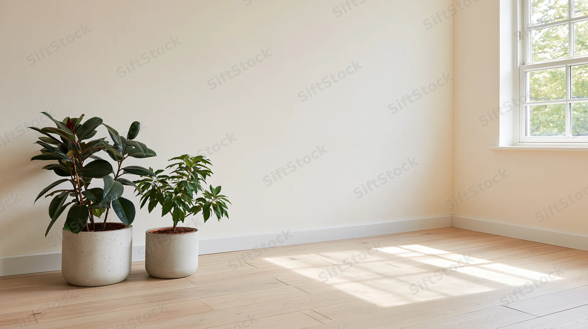 Empty minimalist room with two potted indoor plants by a window on hardwood floor