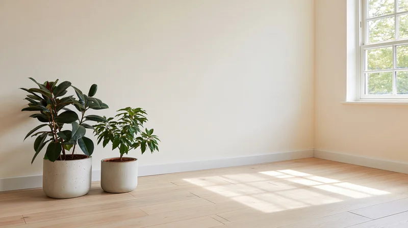 Empty minimalist room with two potted indoor plants by a window on hardwood floor