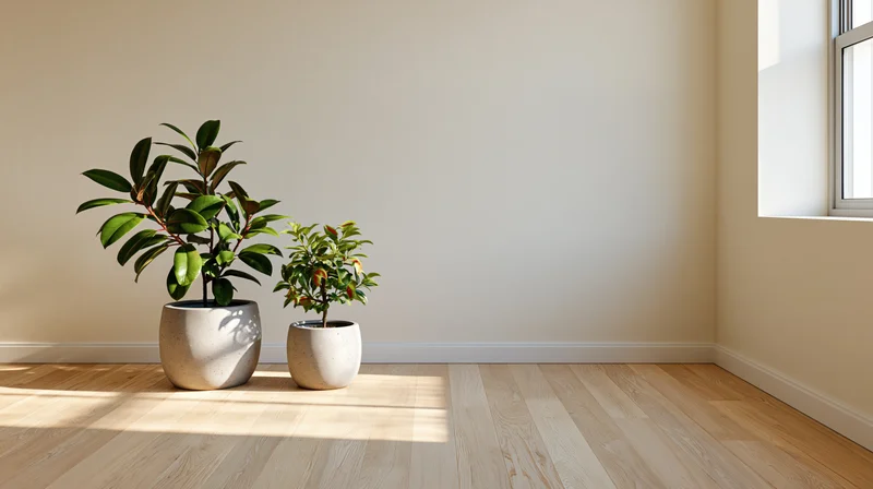 Two potted indoor plants in a minimalist room with sunlight on wooden floor