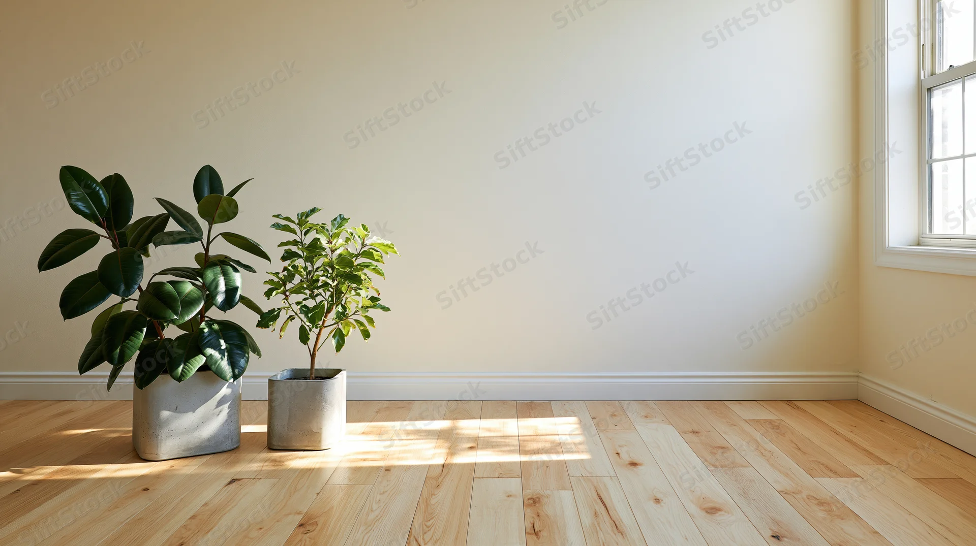 Two potted indoor plants in a minimalist empty room with hardwood floor and window light