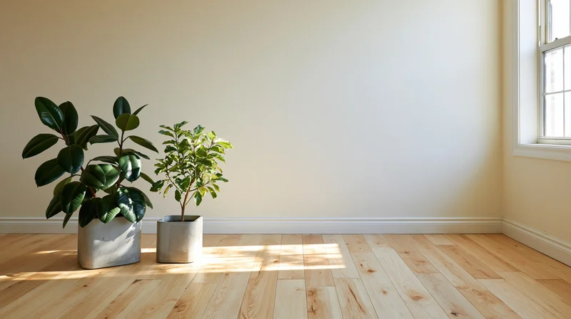 Two potted indoor plants in a minimalist empty room with hardwood floor and window light