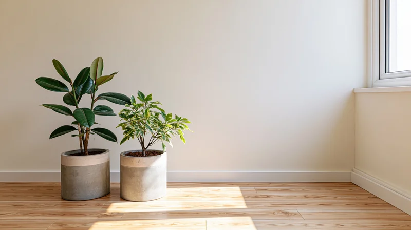 Two potted indoor plants on wooden floor in minimalist room near window