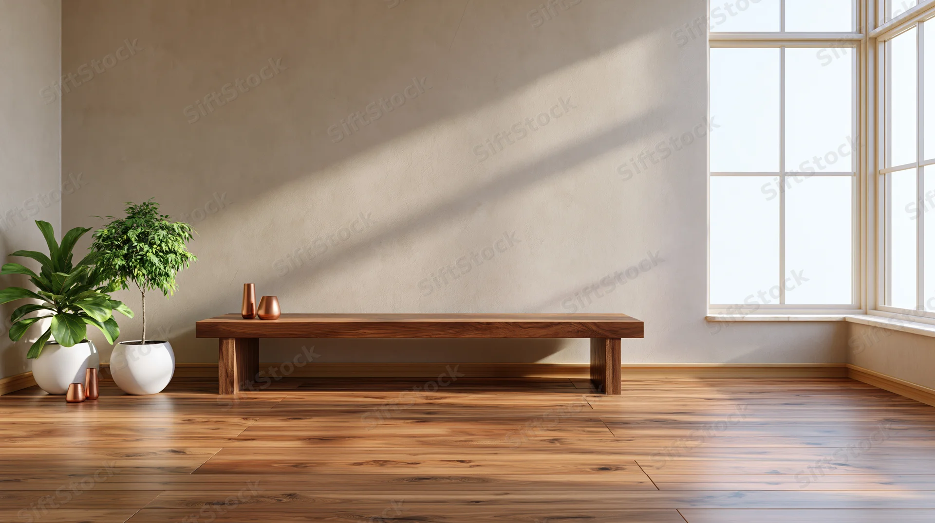 Minimalist room with wooden bench and potted plants near a large window