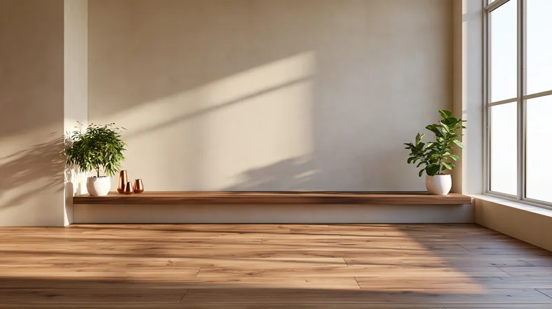 Empty minimalist room with wooden flooring and plants by a window