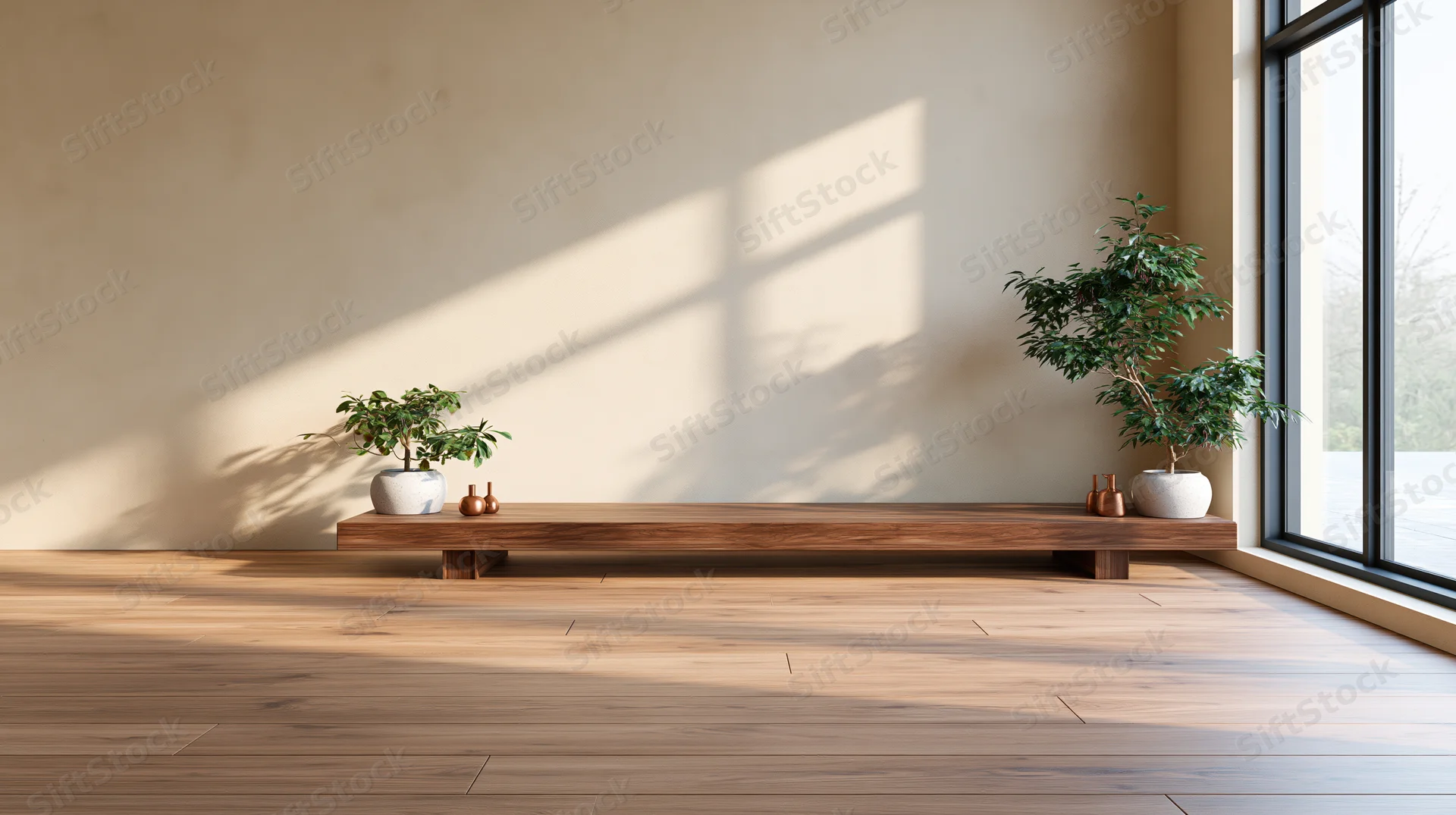 Minimalist room with wooden bench and potted plants near a large window
