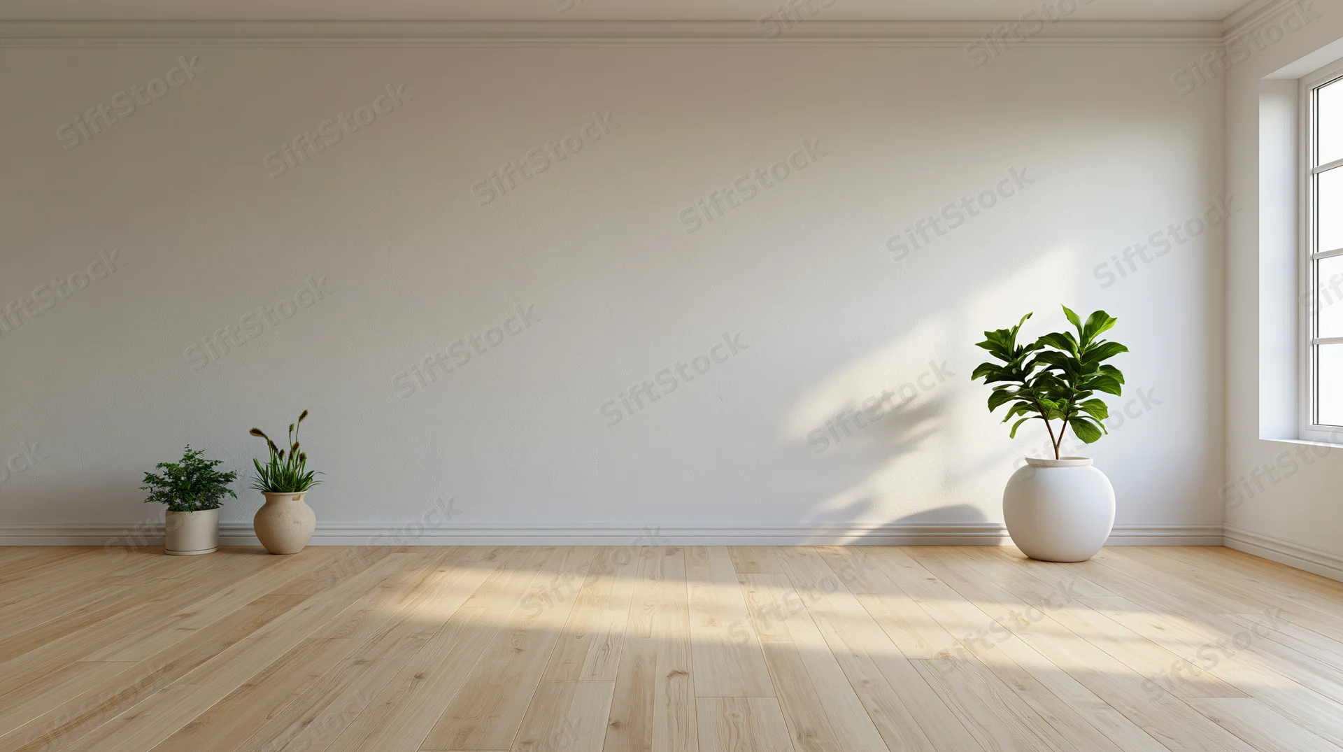 Empty minimalist room with white walls and light wood floor, three potted plants near window, sunlight casting shadows