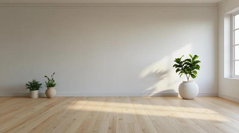 Empty minimalist room with white walls and light wood floor, three potted plants near window, sunlight casting shadows