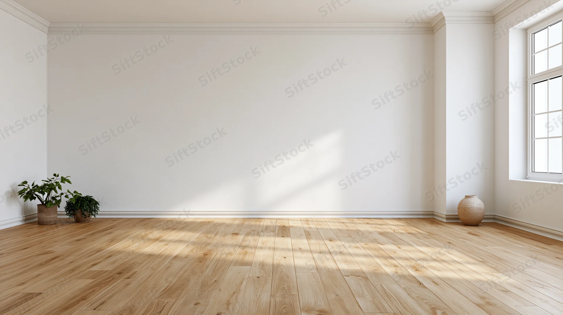 Empty minimalist room with white walls and light oak flooring, sunlight streaming through window