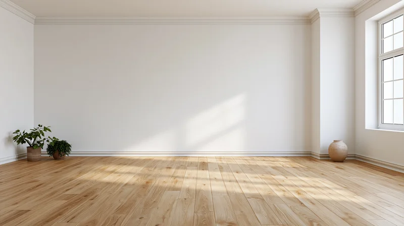 Empty minimalist room with white walls and light oak flooring, sunlight streaming through window