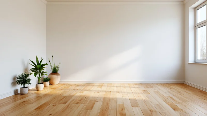 Empty minimalist room with white walls and light oak flooring, featuring potted plants in the corner near a window