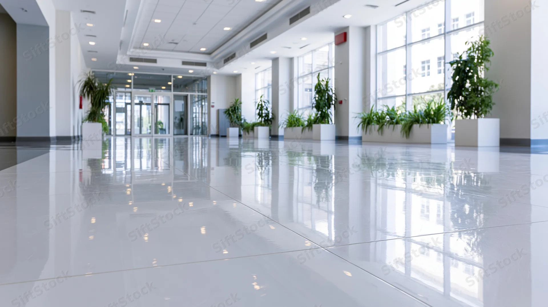 Low-angle view of empty modern office lobby corridor with reflective white tiled floor and potted plants along glass walls