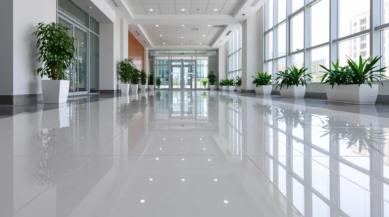 Modern office lobby corridor with reflective white tiles and potted plants along glass walls